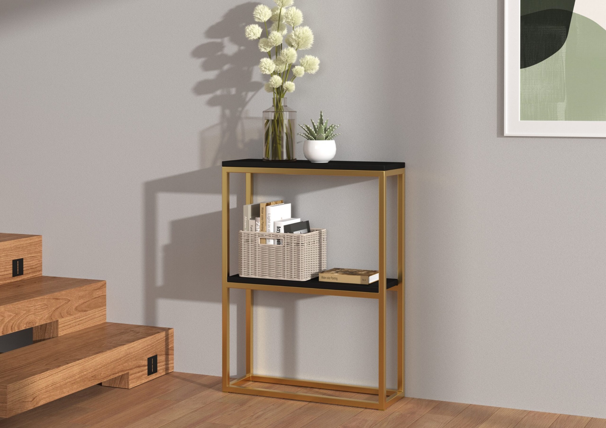 Karcsú fekete–arany konzol asztalka dekorációval, modern előszobai vagy nappali enteriőrben