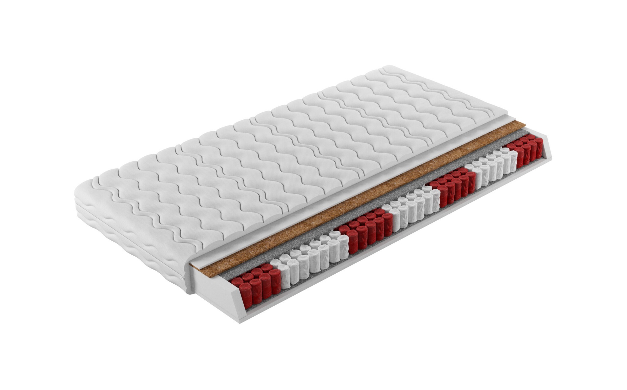 Rugós matrac keresztmetszeti képe különböző komfortzónákkal és felső rétegzéssel