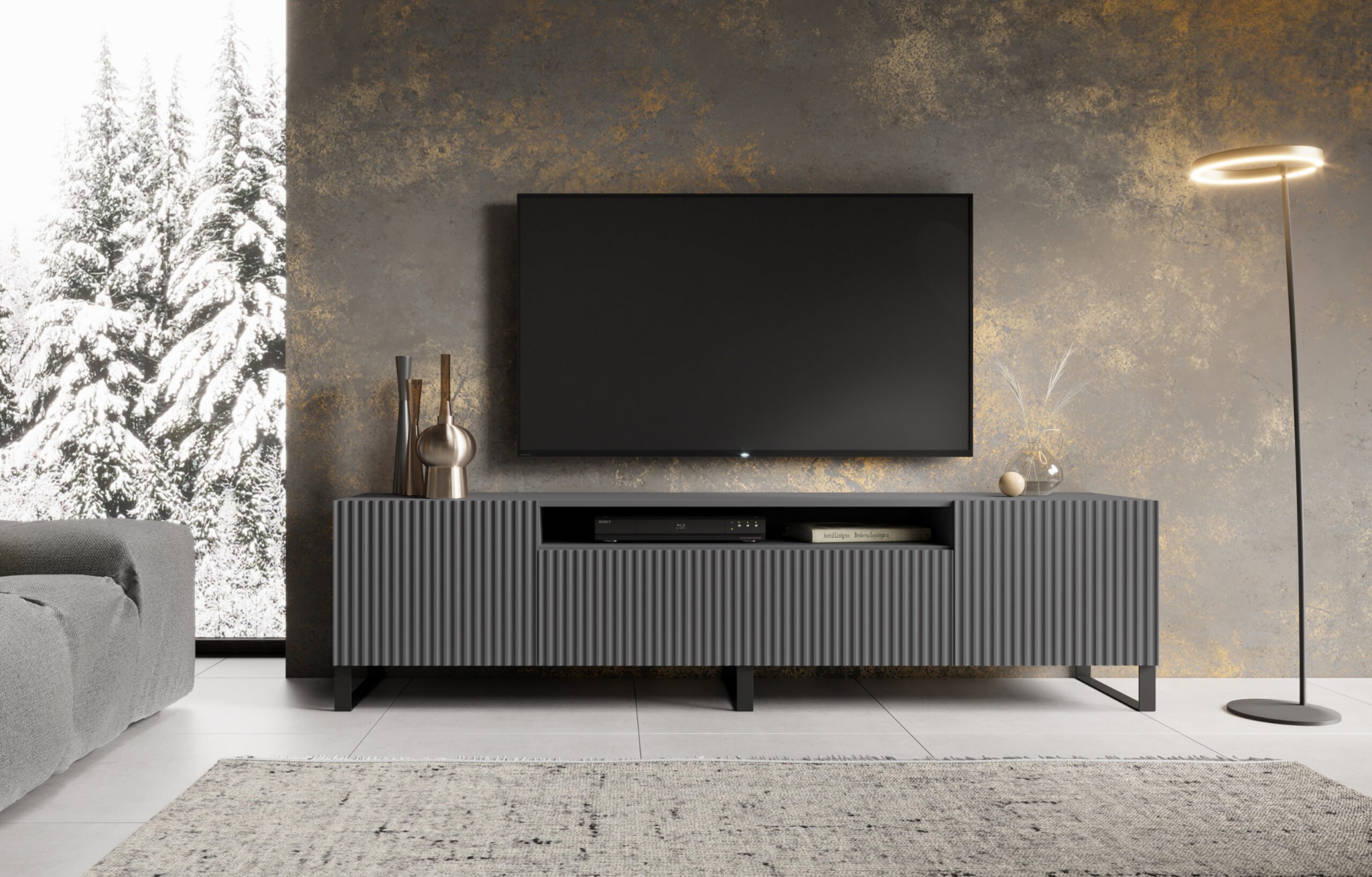Sötétszürke modern tv-komód bordázott fronttal és letisztult enteriőrrel